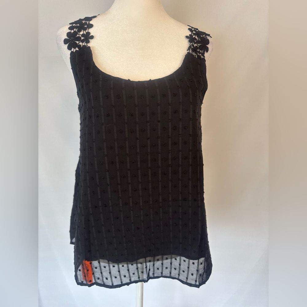 Dressy Black Sleeveless Blouse with Intricate Lace Straps, Lace Sheer/Lined